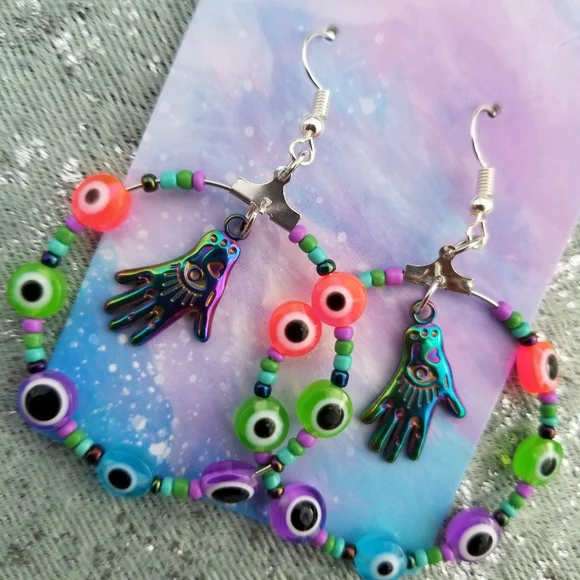 Hamsa hand evil eye earrings boho - Picture 5 of 5